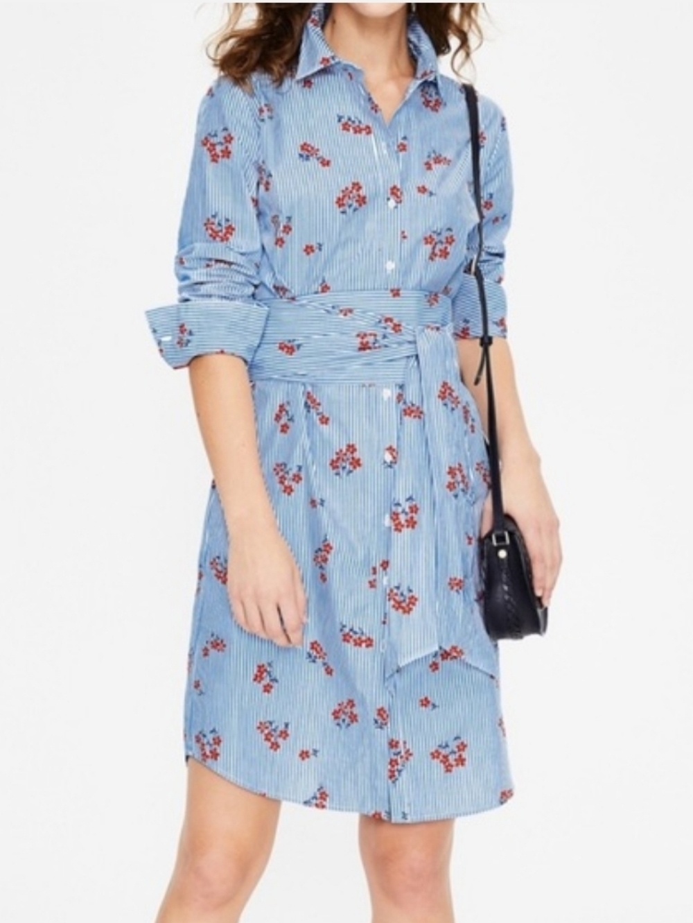 Boden Blue Striped Floral Tie-Waist Shirt Dress